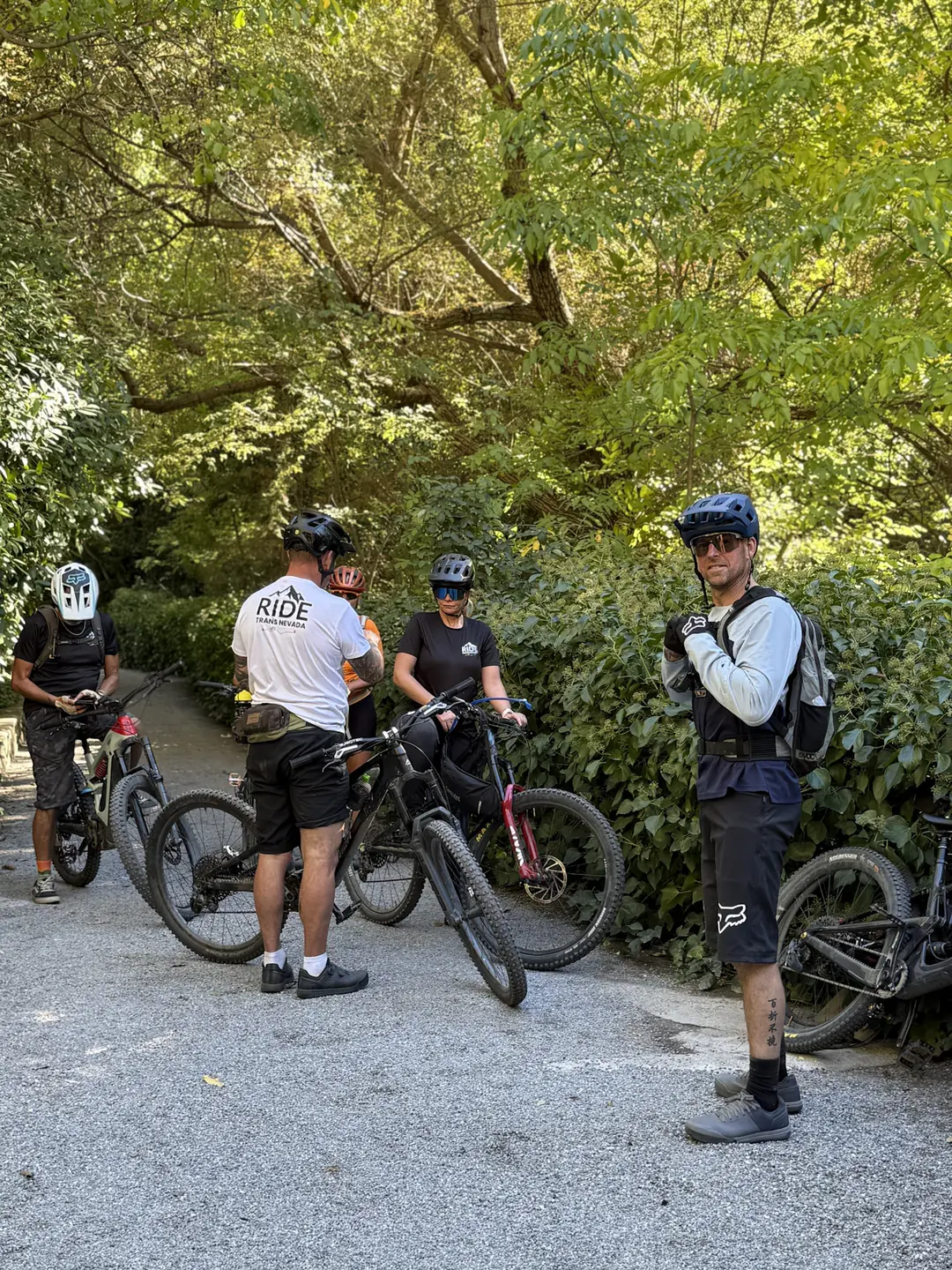 Group of mountain bikers getting ready to ride on a shaded forest track on the Ride Trans Nevada tour